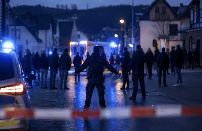 Polizeieinsatz in Rheinböllen nach Massenschlägerei mit rund 30 Personen, mehreren Verletzten und Gewahrsamnahmen am Samstagabend.