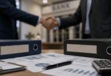Mosel: Banken-Gerücht – Was läuft zwischen Mehring-Leiwen und der Volksbank Trier Eifel? Unscharfe Besprechungsszene in einem modernen Büro mit Fokus auf Unterlagen und Händen – Symbolbild für einen möglichen Bankenzusammenschluss.