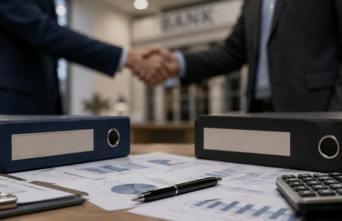 Unscharfe Besprechungsszene in einem modernen Büro mit Fokus auf Unterlagen und Händen – Symbolbild für einen möglichen Bankenzusammenschluss.
