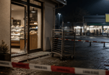 Mit Regalwagen weggefahren – Täter klauen 100-Kilo-Tresor aus Bäckerei! Symbolbild zu einem Einbruch in eine Bäckerei in Weiskirchen: aufgebrochene Filiale bei Nacht, Absperrband und Regalwagen nach Diebstahl eines 100-Kilo-Tresors.