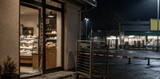 Mit Regalwagen weggefahren – Täter klauen 100-Kilo-Tresor aus Bäckerei! Symbolbild zu einem Einbruch in eine Bäckerei in Weiskirchen: aufgebrochene Filiale bei Nacht, Absperrband und Regalwagen nach Diebstahl eines 100-Kilo-Tresors.