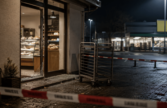 Symbolbild zu einem Einbruch in eine Bäckerei in Weiskirchen: aufgebrochene Filiale bei Nacht, Absperrband und Regalwagen nach Diebstahl eines 100-Kilo-Tresors.