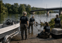 Konz: Sportboot gegen Tierschutz-Aktivisten: Nilgans-Zoff an der Saarmündung! Frauen einer Wildtierrettung sichern Gänse am Flussufer neben einer Slipanlage; ein Boot auf Anhänger steht bereit.