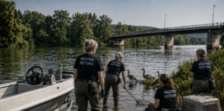 Konz: Sportboot gegen Tierschutz-Aktivisten: Nilgans-Zoff an der Saarmündung! Frauen einer Wildtierrettung sichern Gänse am Flussufer neben einer Slipanlage; ein Boot auf Anhänger steht bereit.