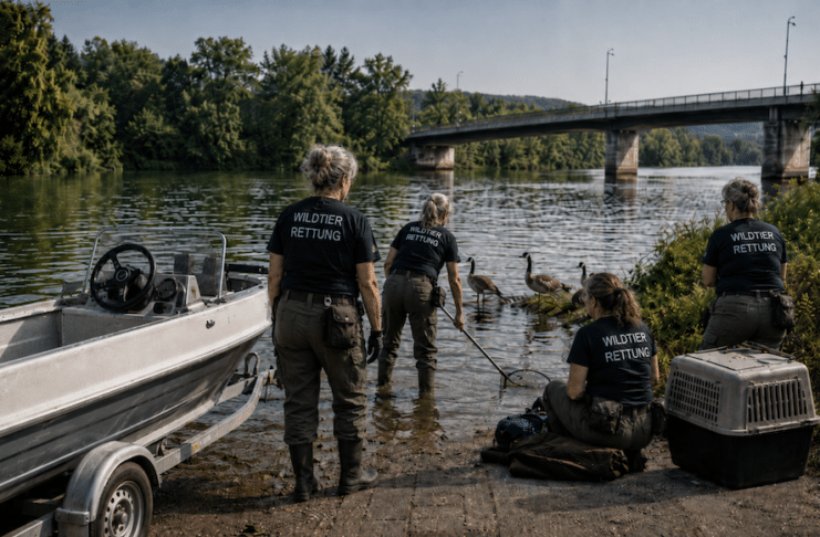 Konz: Sportboot gegen Tierschutz-Aktivisten: Nilgans-Zoff an der Saarmündung! Frauen einer Wildtierrettung sichern Gänse am Flussufer neben einer Slipanlage; ein Boot auf Anhänger steht bereit.