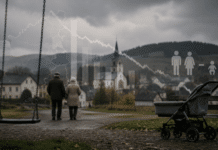Mehr Tote als Babys: RLP mit historischem Geburtendefizit – Vulkaneifel besonders betroffen Symbolbild zum demografischen Wandel in Rheinland-Pfalz: leerer Spielplatz, Kinderwagen und ältere Menschen in ländlicher Region als Hinweis auf Geburtendefizit und alternde Bevölkerung.
