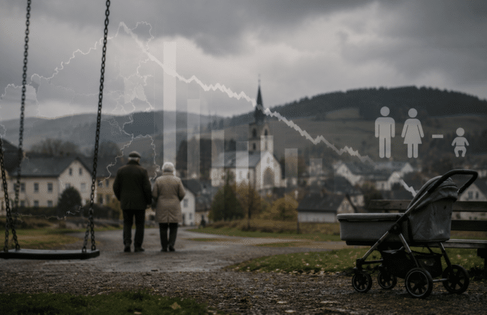 Symbolbild zum demografischen Wandel in Rheinland-Pfalz: leerer Spielplatz, Kinderwagen und ältere Menschen in ländlicher Region als Hinweis auf Geburtendefizit und alternde Bevölkerung.