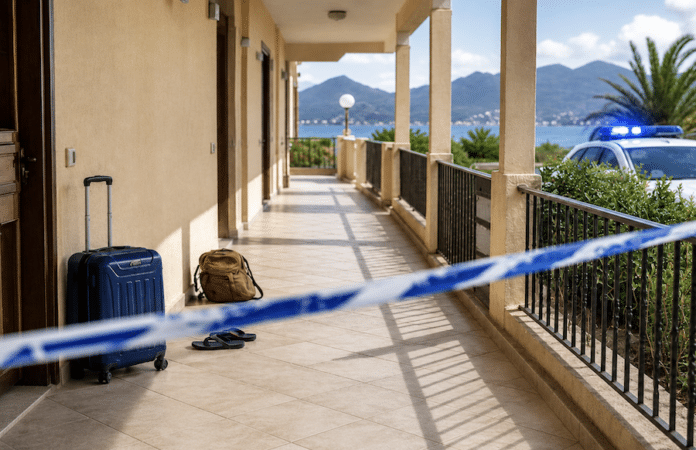 Symbolbild zum dreifachen Tötungsdelikt auf den Kapverden: abgesperrter Ferienkomplex mit Koffer und Polizeifahrzeug nach Anklage der Staatsanwaltschaft Trier.