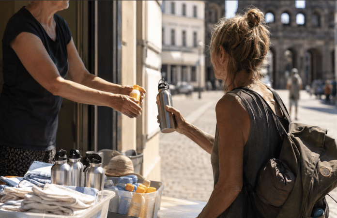 Trinkflasche und Sonnenmilch als Hitzehilfe für obdachlose Frauen in Trier